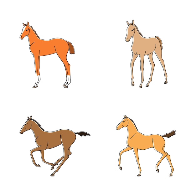 Funny foals in different poses. Vector modern simple isolated set