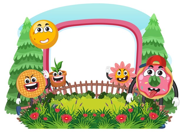 Funny food cartoon character in garden banner