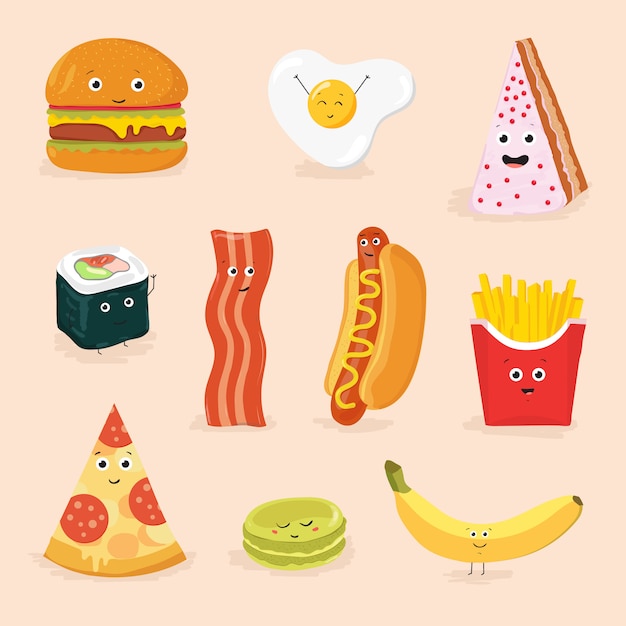 Смешная еда персонажей мультфильма изолированных иллюстрация. лицо значок пицца, торт, яичница, бекон, банан, гамбургер, хот-дог, рулет, картофель фри.