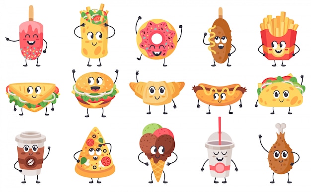 Вектор Прикольные талисманы еды. милый талисман нездоровой пищи doodle, фаст-фуд с сторонами, счастливые установленные значки иллюстрации чизбургера, пиццы и круассана. бутерброд и закуска с лицом мило, нездоровое питание