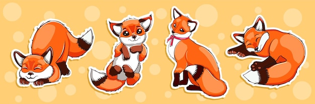 Funny fox vector stickers Cute cartoon forest animals set