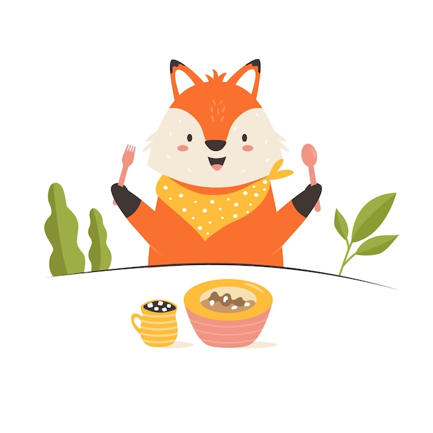 Vector funny fox with fork and spoon having lunch animal character design