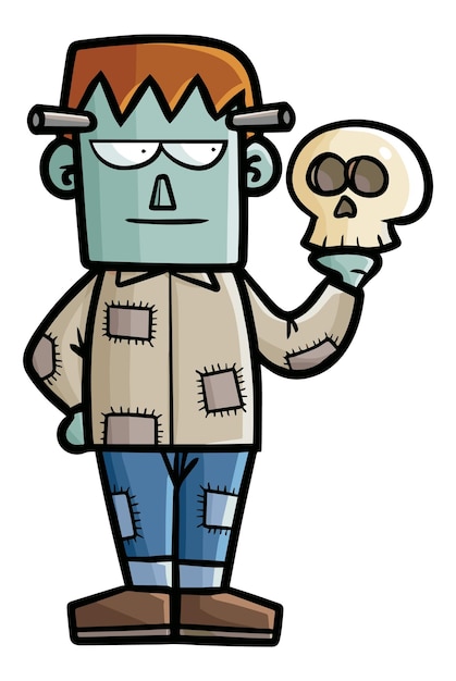 Vector funny frankenstein standing with skull on his hand