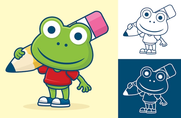 Funny frog carrying big pencil on its shoulder.   cartoon illustration in flat icon style