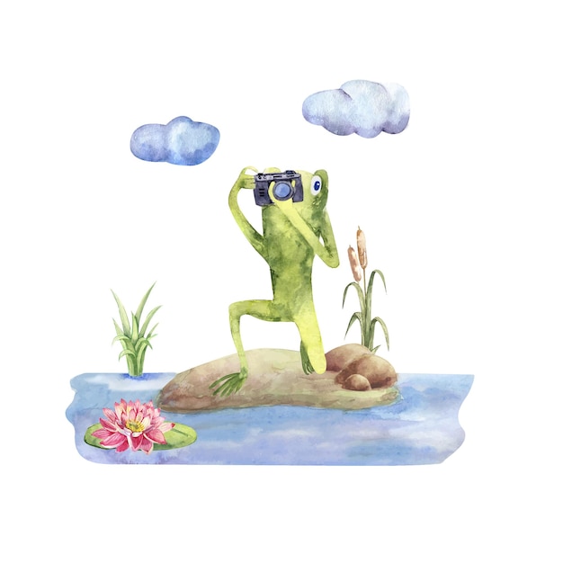 Funny frog with a camera on a forest lawn watercolor illustration cartoon