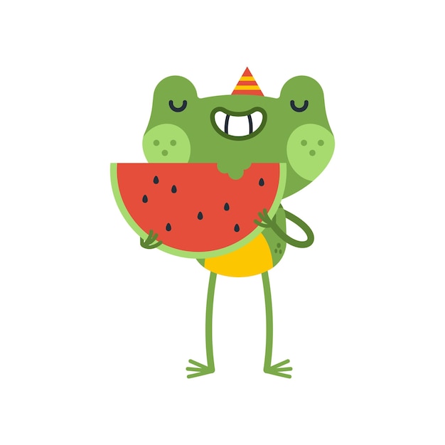 Funny frog with watermelon slice celebrating birthday vector cartoon character isolated on a white background