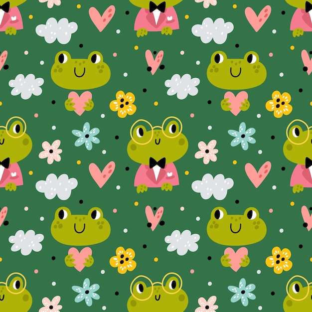 Vector funny frogs seamless pattern. cute green couple animals, little cartoon amphibians with flowers, baby toad characters in glasses, childish background. decor textile, wrapping paper, vector print