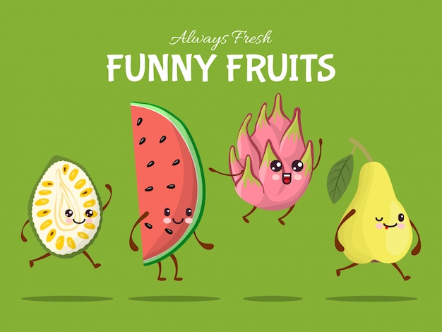 Funny fruit character jump walk, tropical food leap   illustration. Watermelon, pear, dragon fruit and durian asia dish.