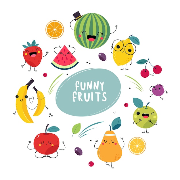 Funny Fruit Character with Smiling Face and Arm Vector Set