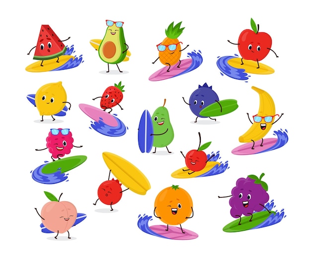 Vector funny fruit characters on surfboard cartoon illustration set