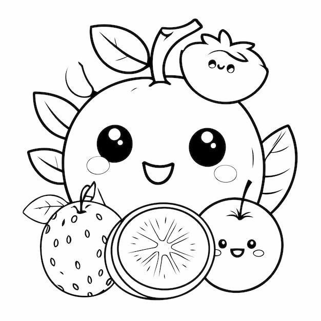 Funny Fruit doodle illustration for coloring page