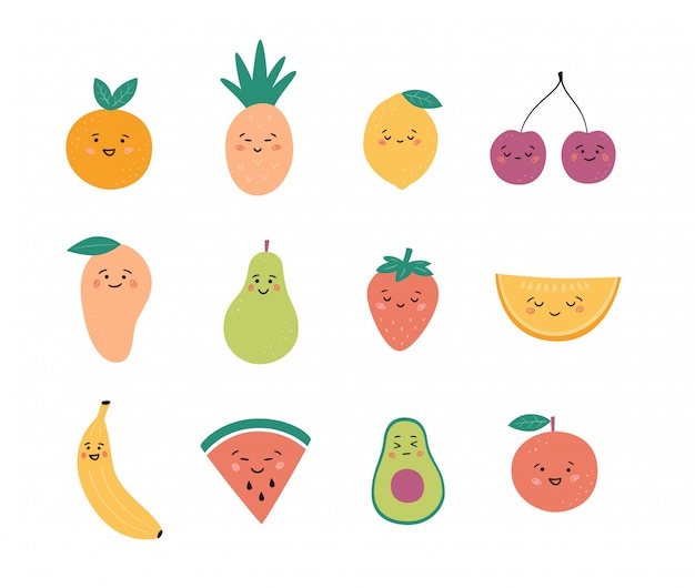 Frutti e bacche divertenti. imposta i personaggi della frutta kawaii. vettore disegnato a mano