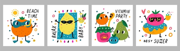 Carte di frutta divertenti personaggi succosi estivi arancia e limone felici che riposano sul mare pera e bacche rilassanti festa vitaminica accessori da spiaggia e brevi testi set di mascotte alimentari vettoriali