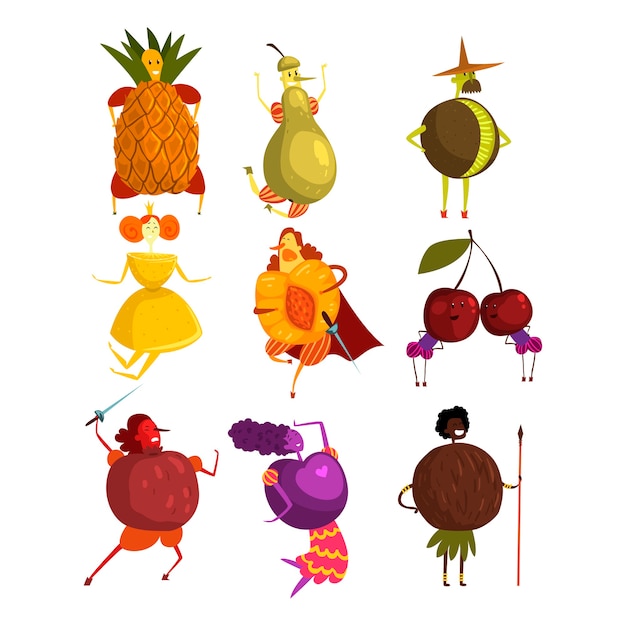 Vector funny fruits cartoon characters set