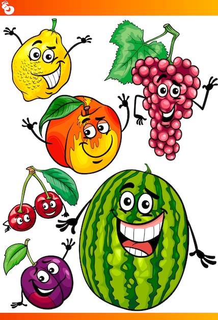 funny fruits cartoon illustration set