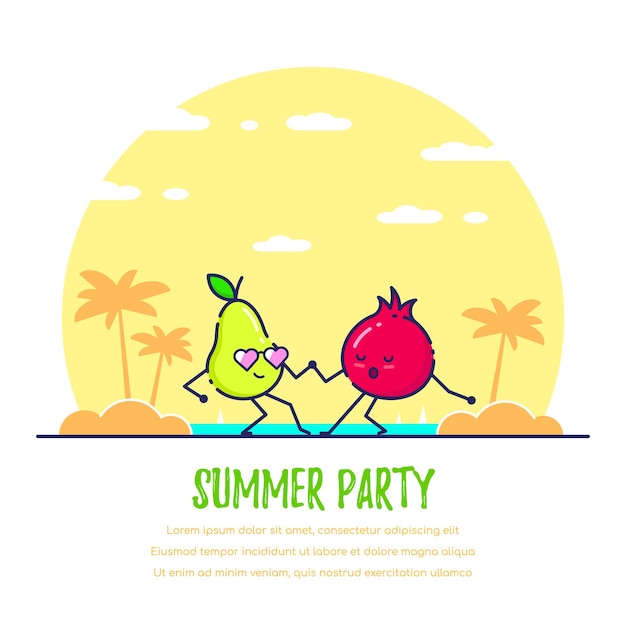 Coppie divertenti della frutta che ballano sulla spiaggia. pera e melograno. concetto di festa estiva