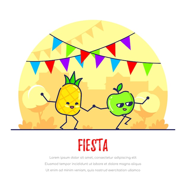 Coppie divertenti della frutta che ballano sulla via. ananas e mela. fiesta.