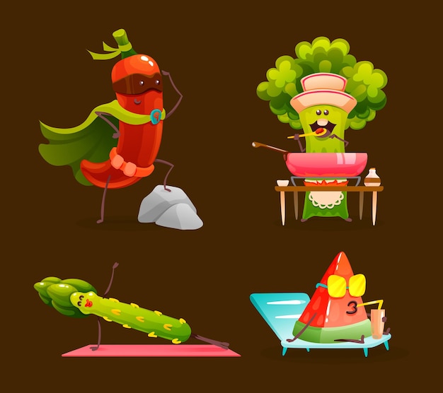 Vector funny fruits and vegetables cartoon character