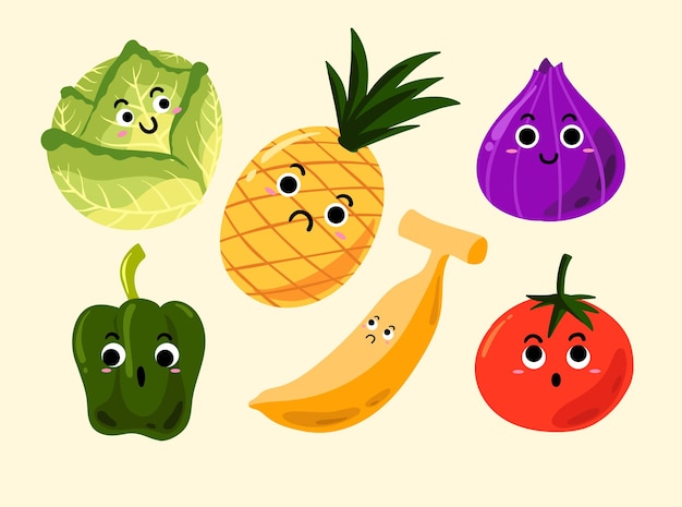 Vector funny fruits and vegetables set