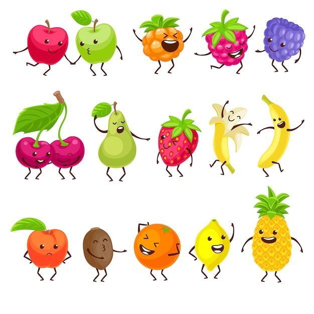 Funny fruits with faces set.