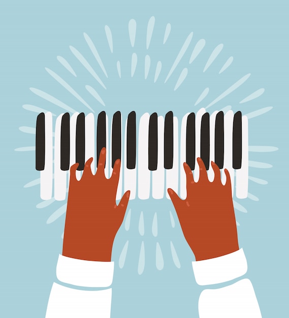 두 손의 재미있는 펑키 그림은 피아노 키에 재생