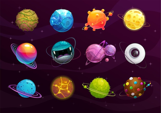 Vettore concetto di galassia divertente set di pianeti alieni fantasy colorati cartoni animati