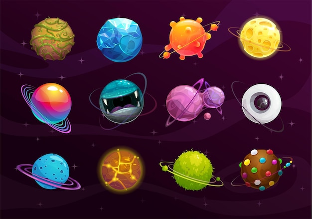 Funny galaxy concept cartoon colorful fantasy alien planets set