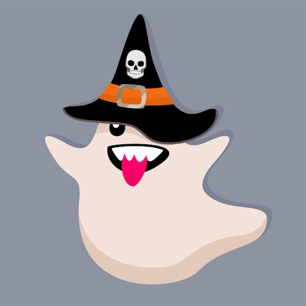 Funny ghost with tongue hanging out in Halloween hat Vector isolated illustration