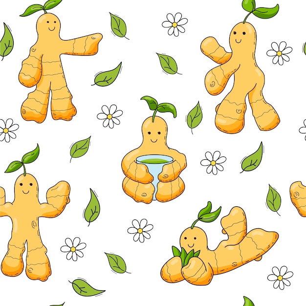 Vector funny ginger roots seamless pattern