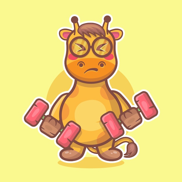 Vector funny giraffe animal character mascot doing bodybuilding using dumbbell isolated cartoon