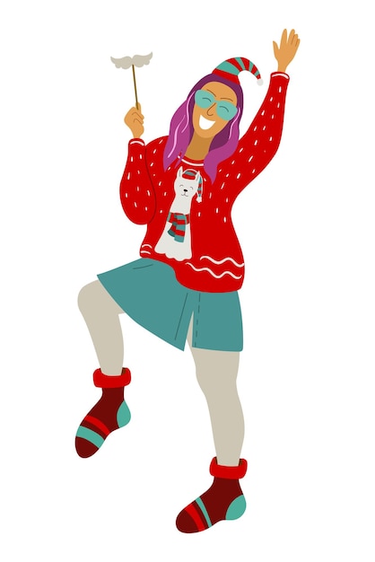 라마 얼굴을 한 못생긴 스웨터를 입고 춤추는 재미있는 소녀