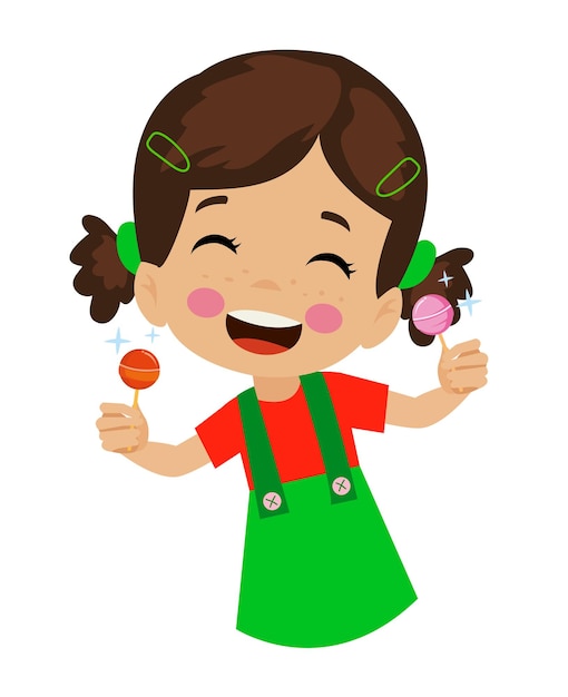 Funny girl holding lolipop Cute cartoon kid with sweet candy