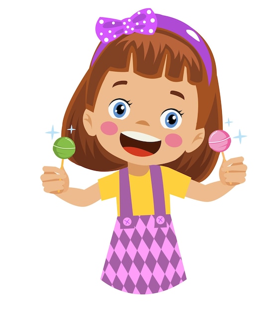 Funny girl holding lolipop Cute cartoon kid with sweet candy