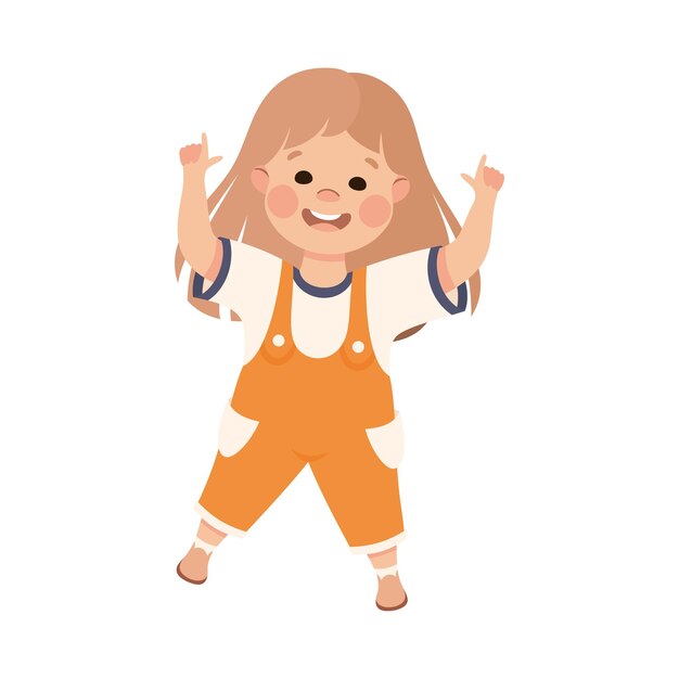 オレンジ色のジャンプスーツを着た面白い女の子が伸ばした手と指差し指で何かを指さしているベクトルイラスト