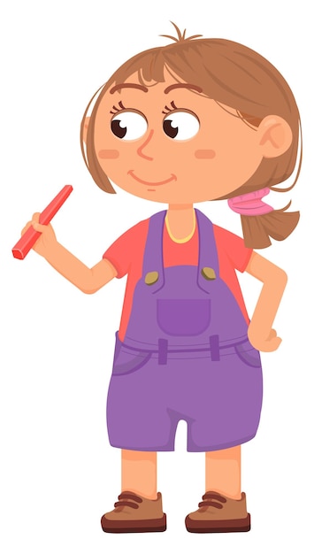 Vector funny girl with red crayon creative kid character