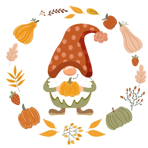 Funny gnome with a pumpkin Vector illustration