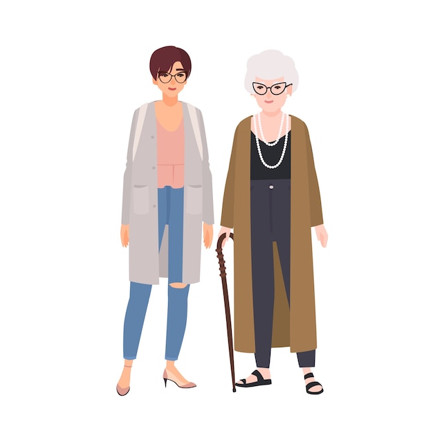 Funny grandmother and granddaughter standing and talking. Happy old lady and young teenage girl having fun together. Cute grandparent and teen grandchild