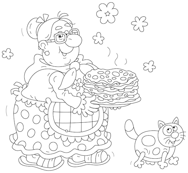 Vector funny granny with freshly baked hot tasty pancakes for a festive table