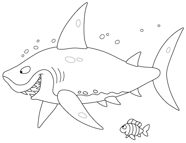 Vector funny great white shark slyly smiling and swimming with a small striped fish