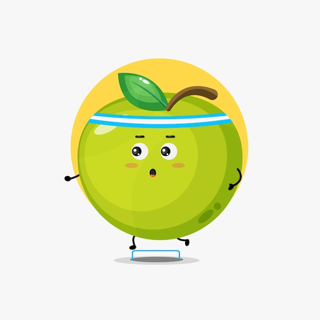 Funny green apple character running competition