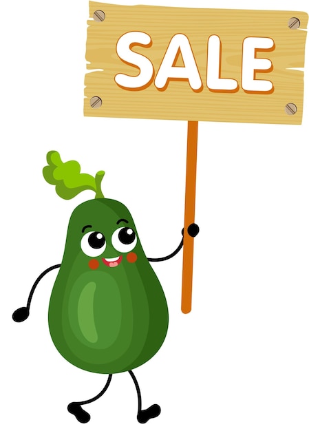 Funny green avocado mascot holding a wooden sign with sale inscription