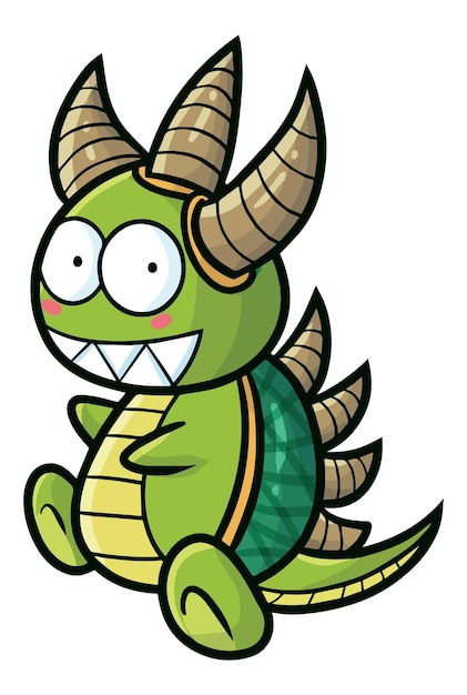 Funny green dragon with three horn cartoon illustration