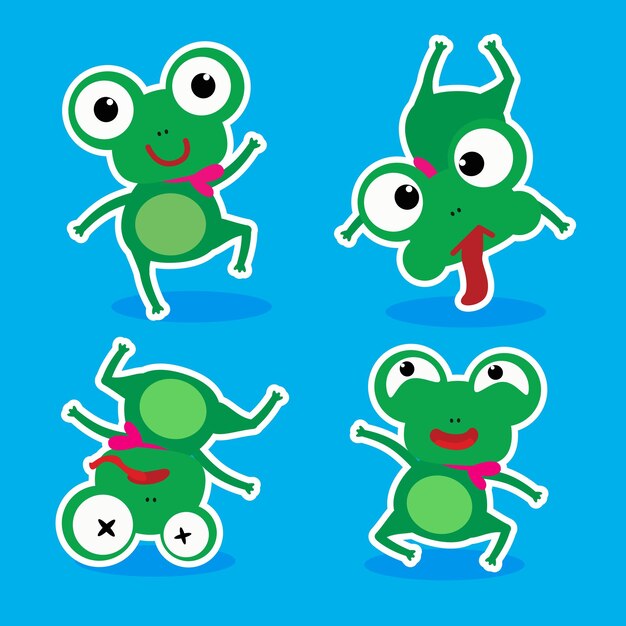 Funny green frog with emotional facial expressions cute