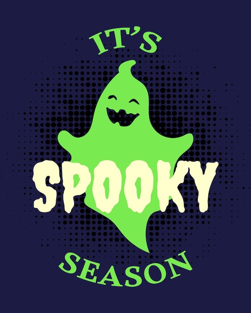 Забавный зеленый призрак и текст Spooky Season на темном фоне. Печать на Хэллоуин, вектор