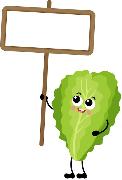 Vector funny green lettuce mascot holding a blank signboard