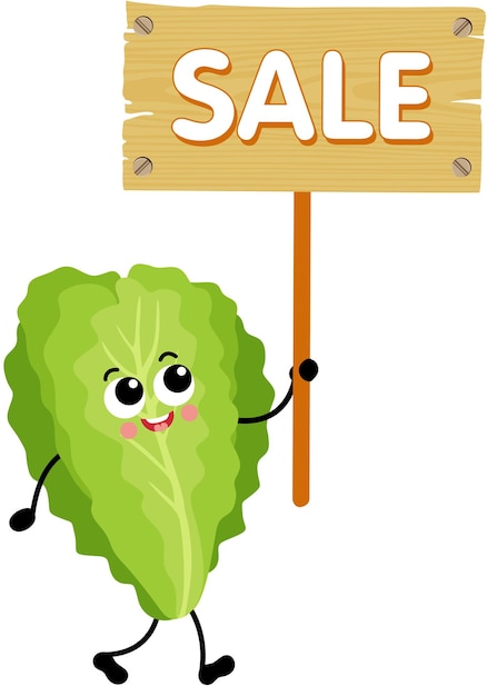 Vector funny green lettuce mascot holding a wooden signboard with the inscription sale