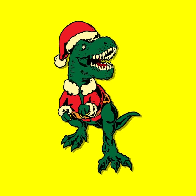 funny green t rex in Santa Claus costume