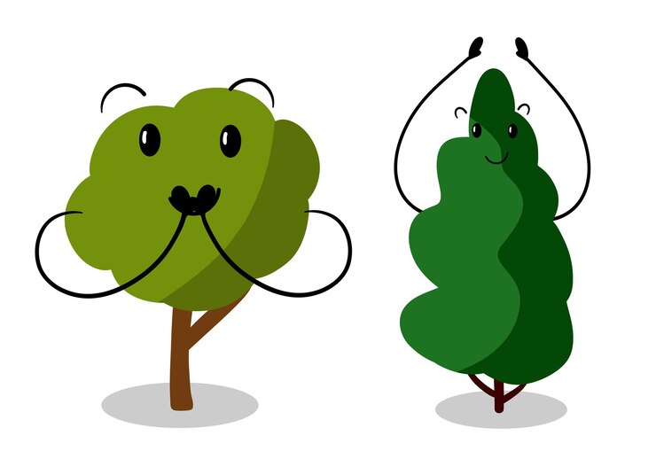 Vector funny green trees garden park with hands and face ecology plant natural botanic flora in flat desig
