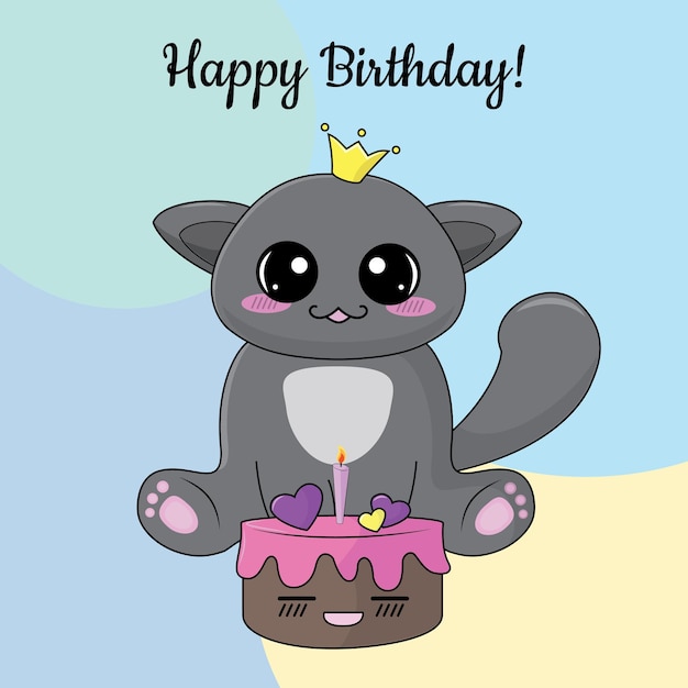 Vector funny grey cat with his birthday cake