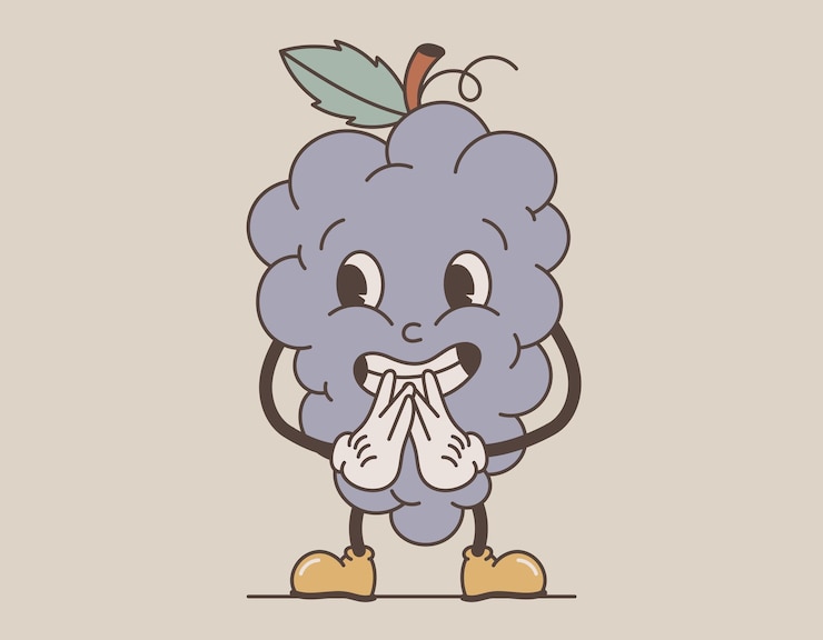 Vector funny groovy fruit character vector isolated excited smiling bunch of grapes old cartoon style